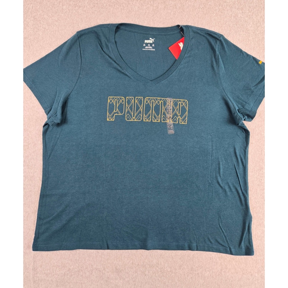 Puma Womens Size XXL V-Neck Graphic Logo T-Shirt Teal NWT